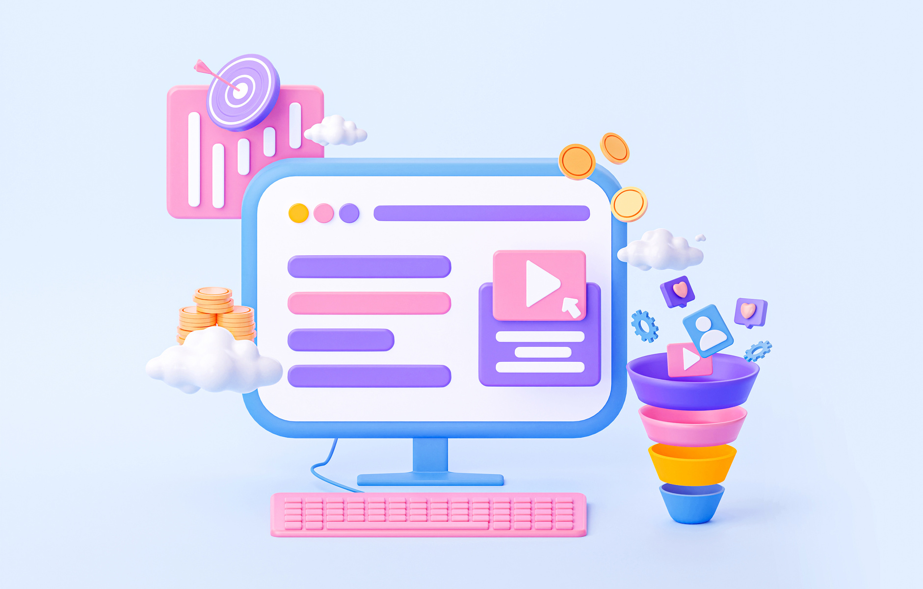 A computer with a user interface. Social media marketing concept.